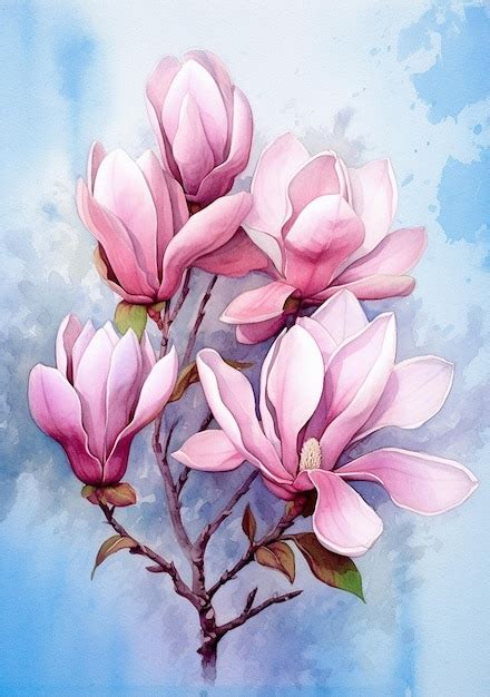 Premium AI Image | A painting of a magnolia tree with pink flowers.