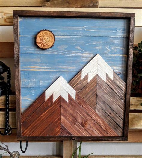 Reclaimed Wood Wall Art. Wood Mountain. Mountain Scene. Wood Art.Rustic. Mountain Blue Sky with ...