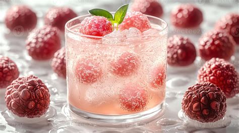 A vibrant raspberry cocktail sits amidst fresh raspberries, ice