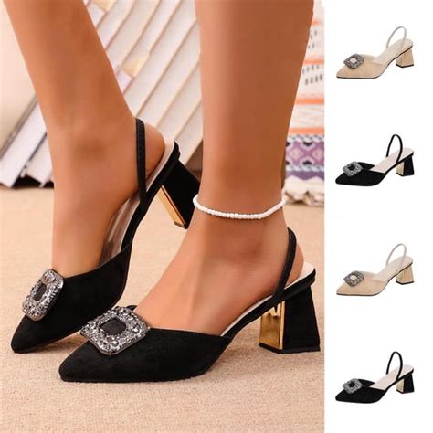 bxsruta womens flock slingback block heels  rhinestone square