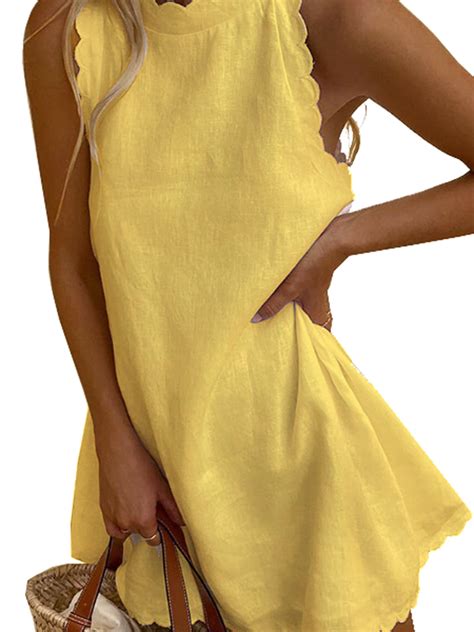 Women Mini Dress Sleeveless Crew Neck Solid Loose A-line Petal Dress
