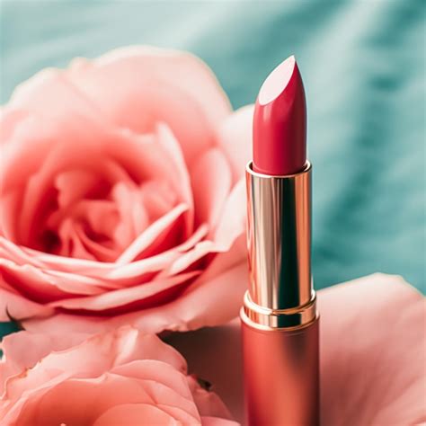 Premium Photo | Pink lipstick in a golden tube and blooming rose flower ...