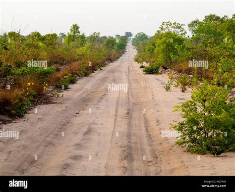 Sandy road crossing the remote Jalapão National Park, Tocantins estate ...