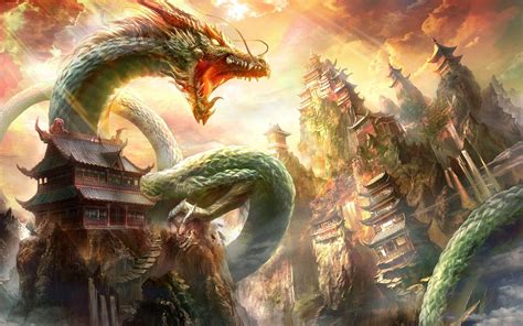 Download Chinese Dragon And Chinese Pagodas Wallpaper | Wallpapers.com