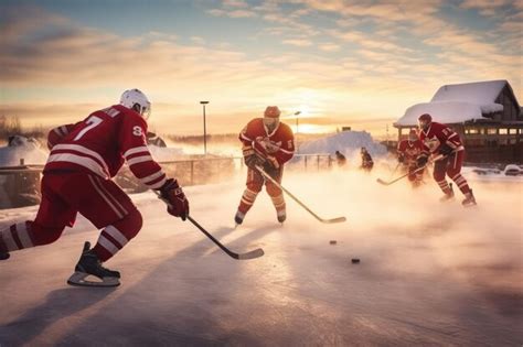 thrilling game  ice hockey played   group  men   frozen