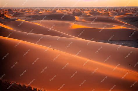 Premium Photo | Dark yellow sand desert dunes in rays of sunset