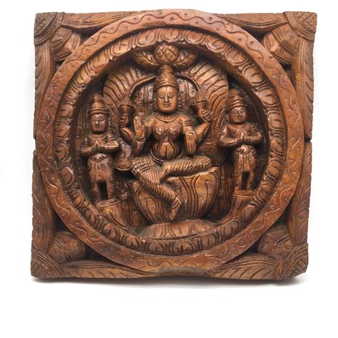 Solid Wood Carving Goddess Maa Lakshmi Hindu Goddess of Fortune Wall H