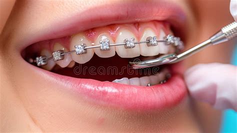close  dental braces  teeth orthodontic treatment stock photo