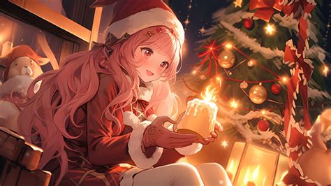 Christmas Anime Girl with Candle Desktop Wallpaper Free in 4K