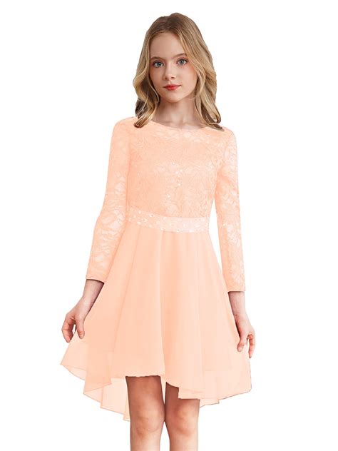 Zaldita Kids Flower Girl Lace Chiffon Dress Long Sleeve High-Low Hem