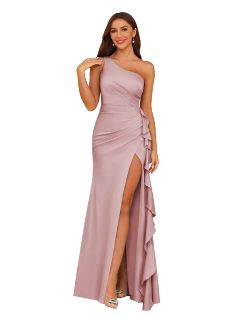 Dessiny Women's Satin One Shoulder Dusty Pink Bridesmaid Dresses Plus