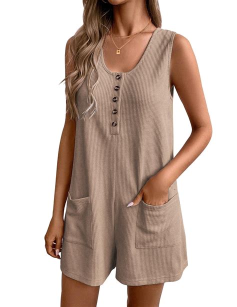 Ekouaer Women Rompers Summer Short Overalls Waffle Jumpsuit Casual One
