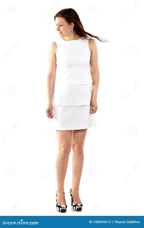beautiful young woman  white dress isolated  white full bod stock