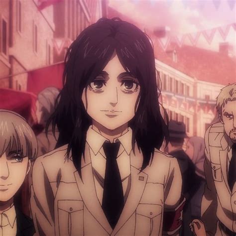 an anime character with long black hair standing in front of other ...