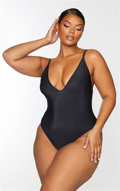 Plus Black Basic Low Scoop Swimsuit | PrettyLittleThing USA