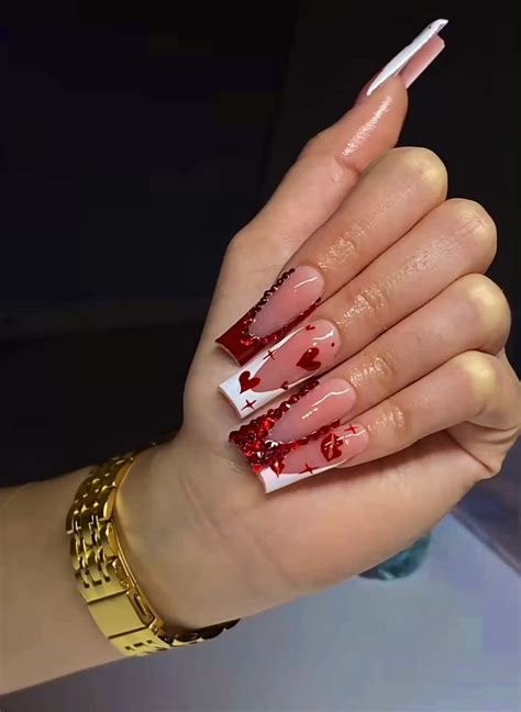 Valentine’s Day Nails | Rhinestone nails, Red acrylic nails, Valentine