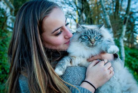 Красивая девушка играя с спасенным рассеянным котом Стоковое Фото ...
