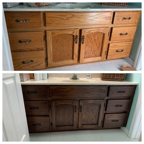 Gel stain bathroom makeover | Oak bathroom, Staining cabinets, Bathroom ...