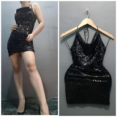 Shining Shimmering Black Full Sequin Embellished Self-tie Backless Mini ...