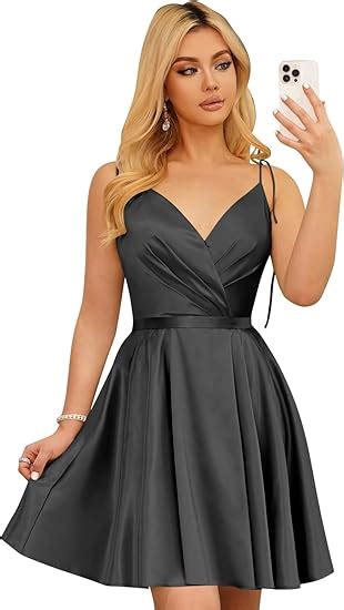 V-Neck Short Homecoming Dresses for Teens Black Satin Cocktail Party D