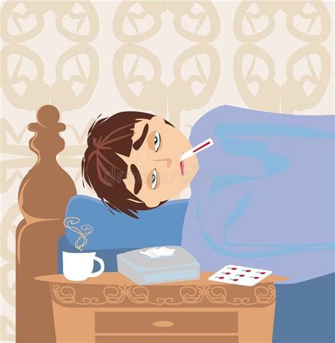 Illustration of a Sick Boy Lying in Bed Stock Vector - Illustration of lamp, isolated: 214814163