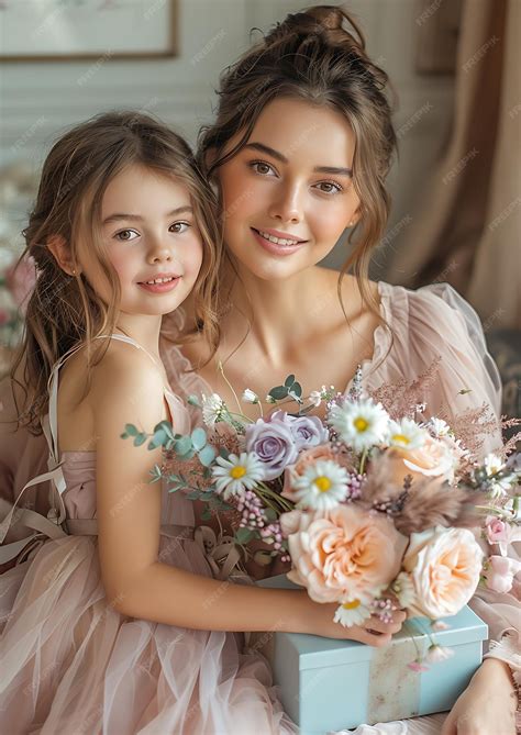 A mother and daughter pose for a photo with a bouquet of flowers Happy