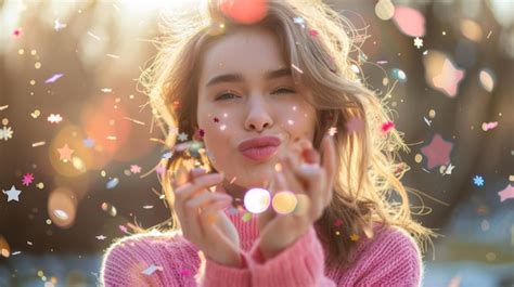woman blowing glitter confetti premium ai generated image