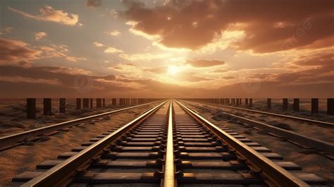 Train Tracks Heading Toward The Sunset Background, 3d Illustration Of ...