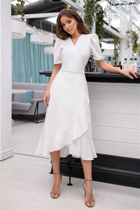 White Wrap Short Sleeve Midi Dress in 2022 | Classy white dress, Midi ...