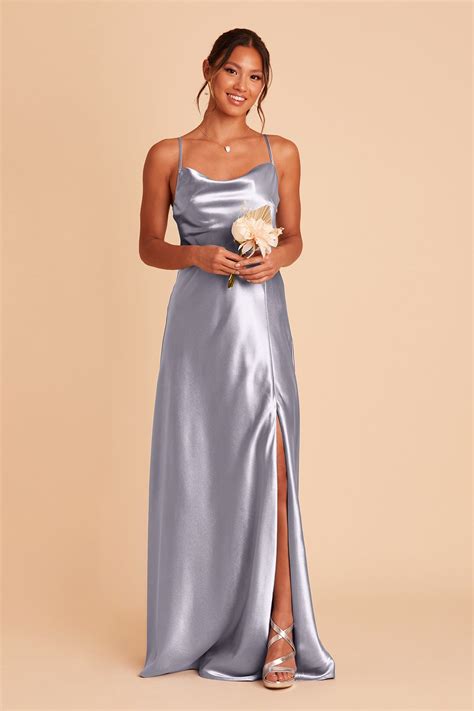 Lisa Shiny Satin Dress in Dusty Blue | Birdy Grey