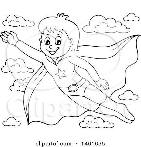 Clipart of a Black and White Flying Super Hero Boy - Royalty Free Vector Illustration by ...