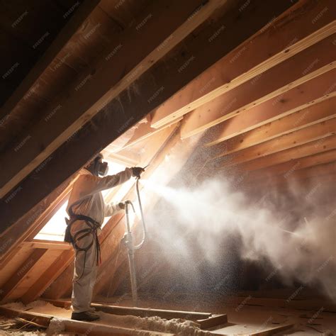 Premium Photo | Man spraying foam insulation to insulate attic