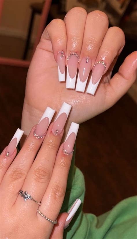 White French Tip with Rhinestones Nails | White tip acrylic nails, Pink ...