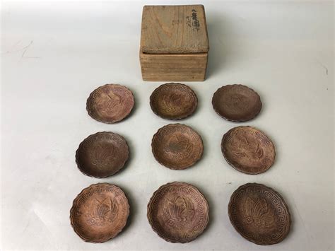 dish bizen ware small plate set   box butterfly japan antique