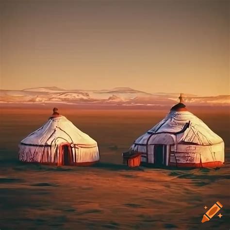 Illustration of a Mongolian landscape with a yurt on Craiyon