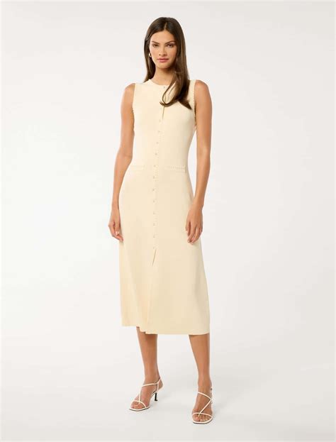 Delilah Pearl Detail Knit Dress in Yellow - Size 0 to 12 - Womens Midi