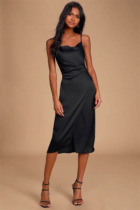 Hollywood Woman Black Satin Midi Dress | Black satin midi dress, Black ...