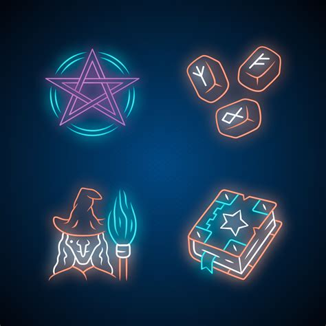 Magic neon light icons set. Pentagram, runestones, witch, spell book