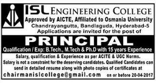 ISL Engineering College, Hyderabad, Wanted Principal - Faculty Teachers