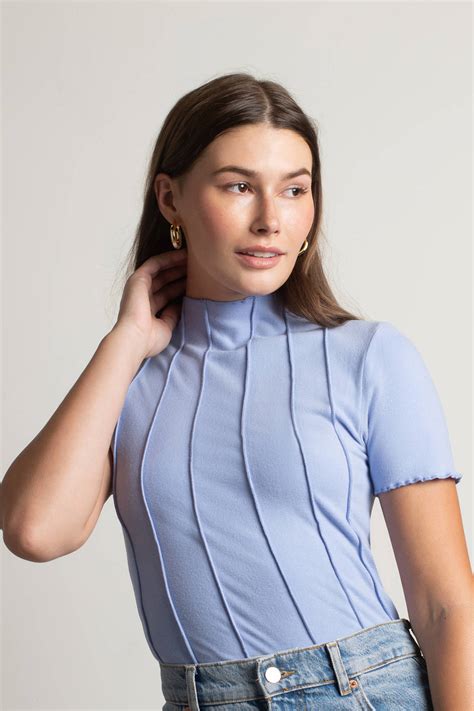 Light Pink Shirt Top - Exposed Stitch Mock Neck Top - Short Sleeve Shirt