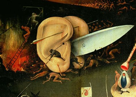 The Garden of Earthly Delights: Hell, right wing of triptych, detail of ears with a knife, c ...