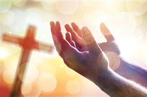 hands  human praying  cross bokeh premium photo