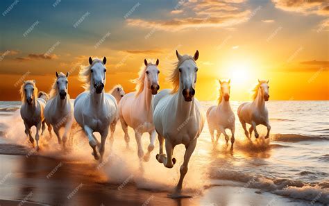 Premium Photo | Horses running on the beach at sunset