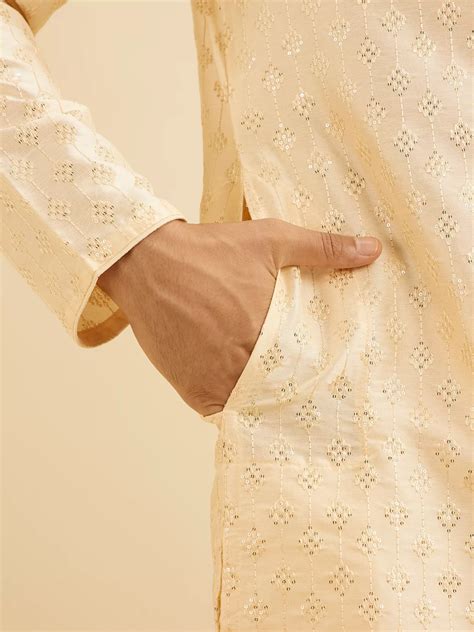 Buy Cream Beige Kurta Set with Patra Work Online in India @Manyavar