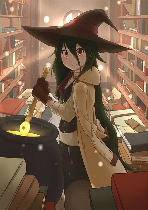 HD wallpaper: anime, anime girls, witch, witch hat, long hair, green ...