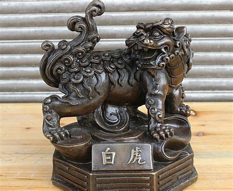 8" Chinese FengShui Bronze Mythical Animal God Bai Hu Tiger King ...