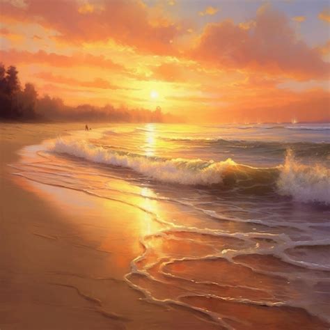 Premium AI Image | A painting of a beach with a sunset in the background.