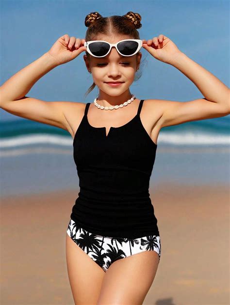 Tween Girls V-Neck Tankini Swimsuit Set, Suitable For Summer Holiday Beach,Conservative