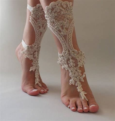 Lace Barefoot Sandals Beach Wedding Barefoot Sandals Beach Shoes Beach Sandals Elegant Ivory ...