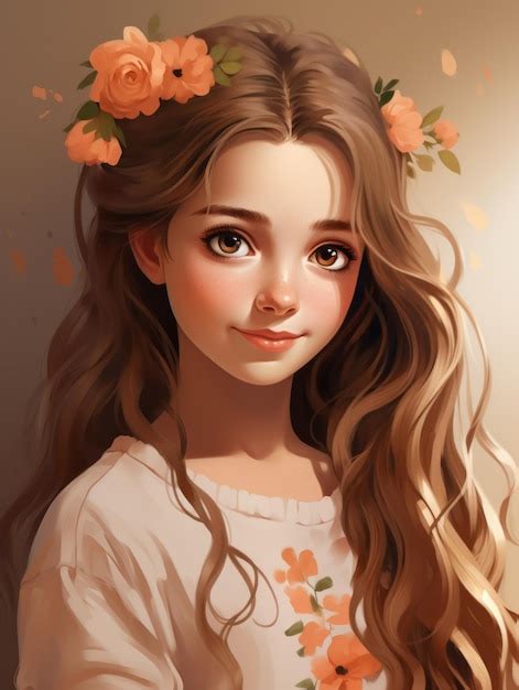 An illustration of a girl with long hair and flowers in her hair ...